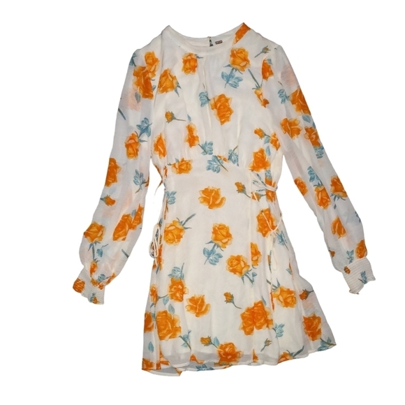 Free People "Samatha" Rose Print Long Sleeve Lace Up Mini Dress Size M - Picture 8 of 9